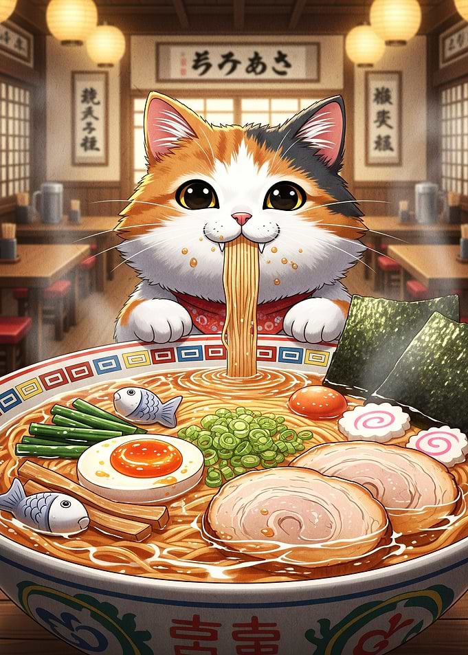 Cartoon Cat Eating Ramen Restaurant