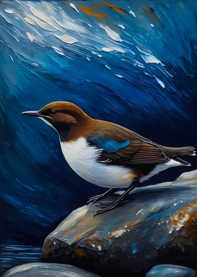 White Throated Dipper Bird on Rock Painting