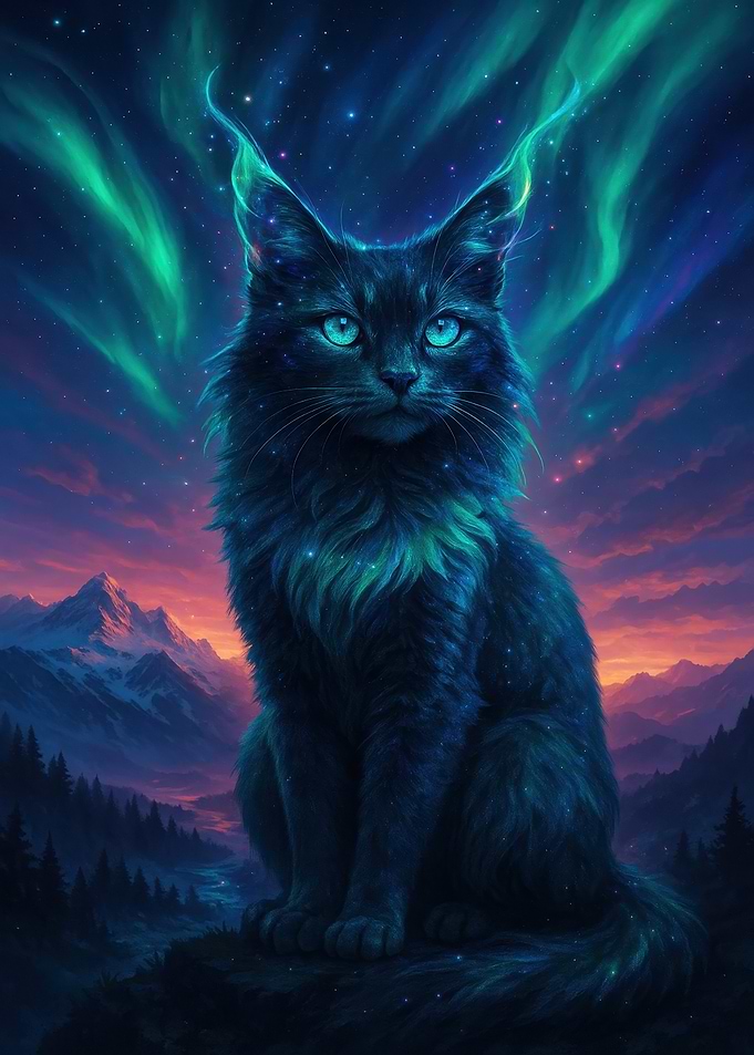 Mystical Cat Under Aurora Borealis