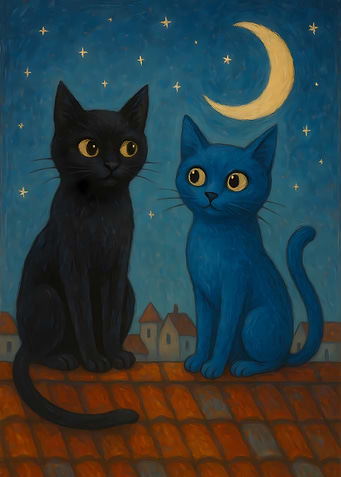 Two Cats on a Rooftop at Night
