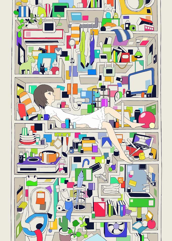 Girl in Shelf Room Illustration