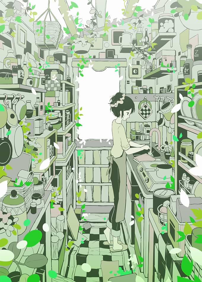 Green Kitchen Scene with Anime Girl
