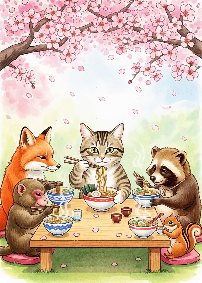 Animals Ramen Cherry Blossoms