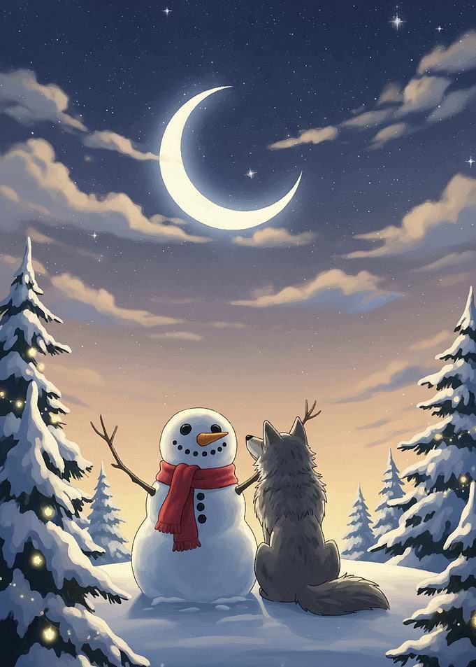 Snowman and Wolf Under Crescent Moon