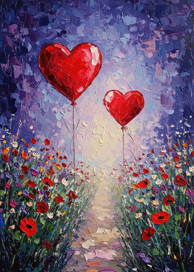 Heart Balloons in a Flower Field