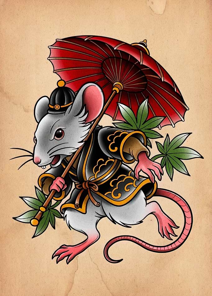 Mouse with Umbrella in Traditional Tattoo Style