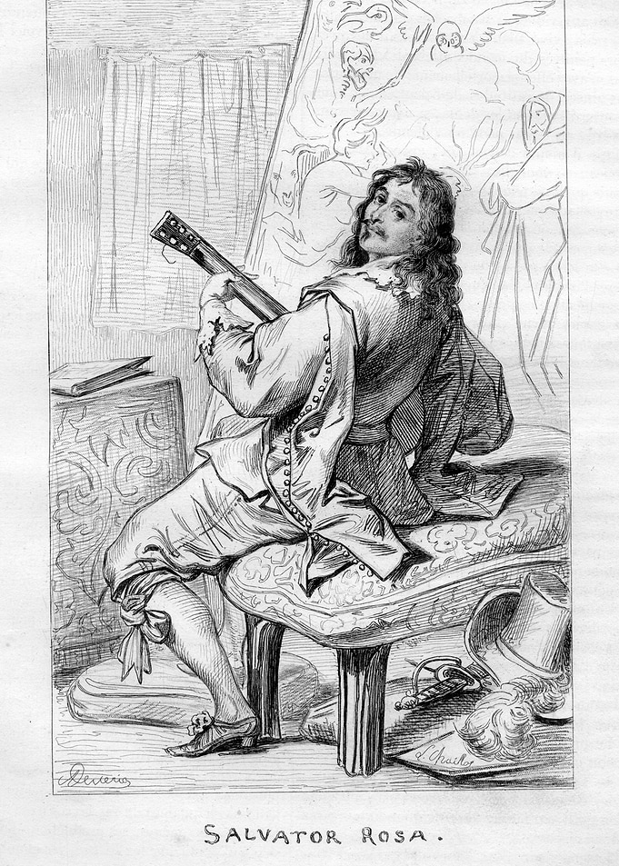 Salvator Rosa playing guitar, vintage illustration