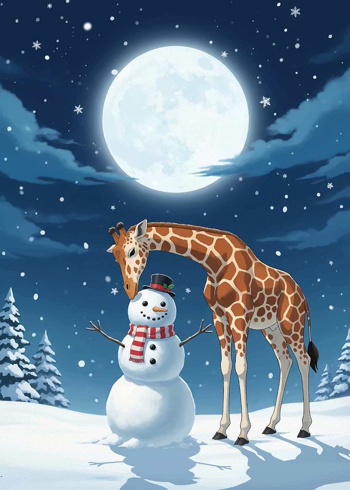 Giraffe and Snowman Under Moonlight