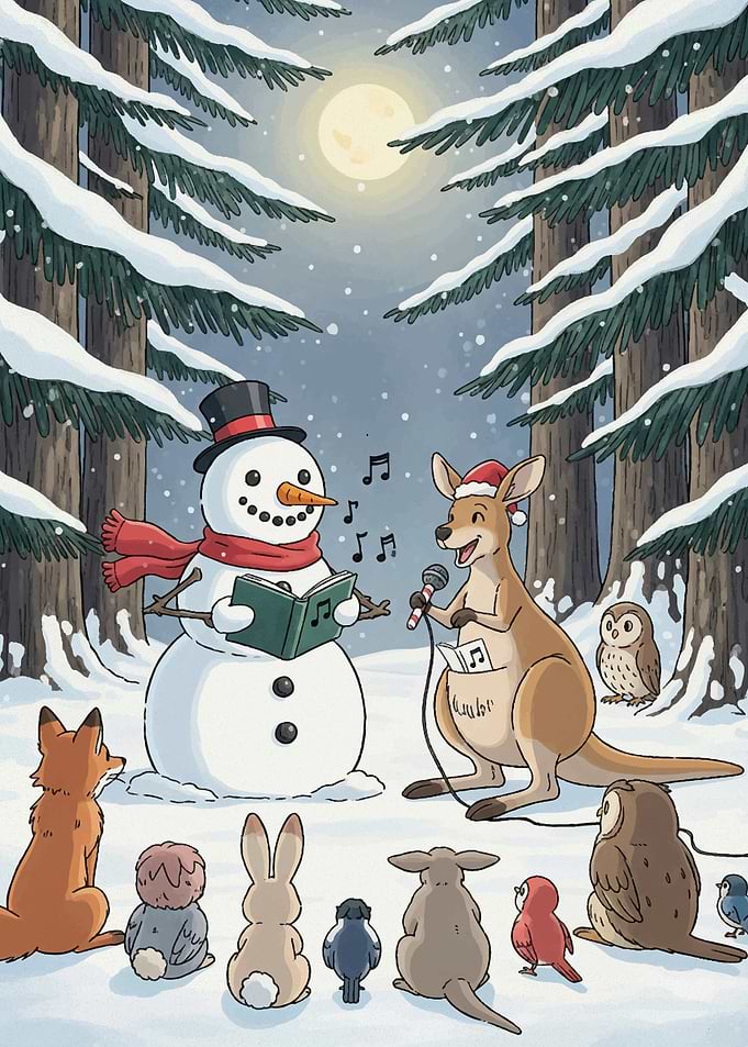 Winter Caroling with Snowman and Kangaroo