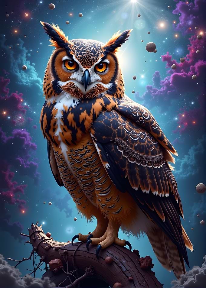Majestic Owl in Cosmic Scene