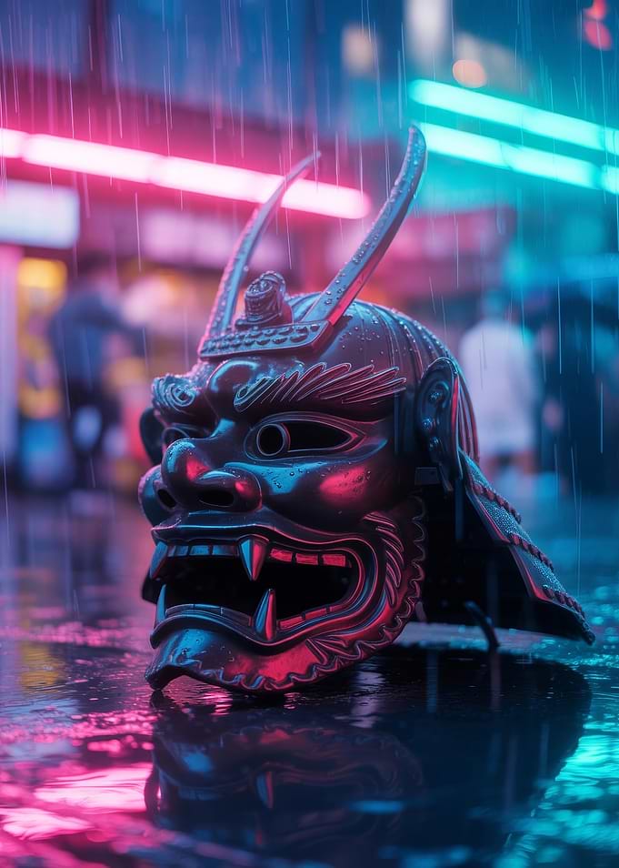 Cyberpunk Samurai Mask in Rainy City