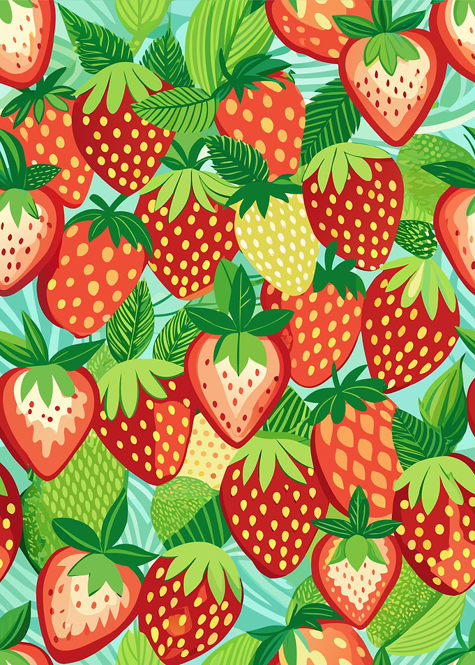 Strawberry Pattern with Green Leaves