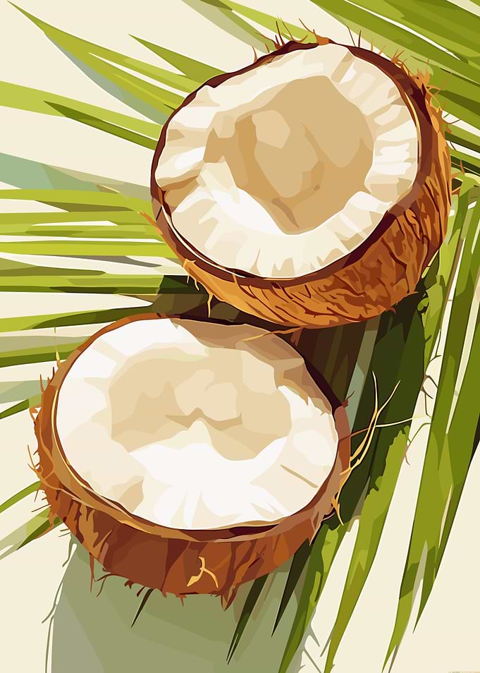 Coconut Halves with Palm Leaf