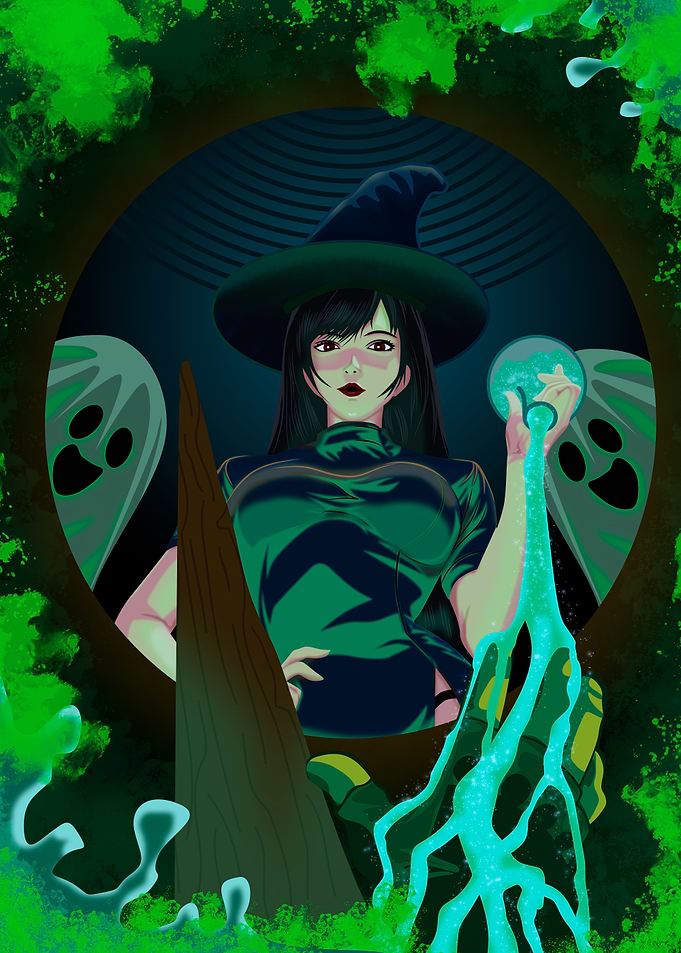 Green Witch with Potion and Ghosts