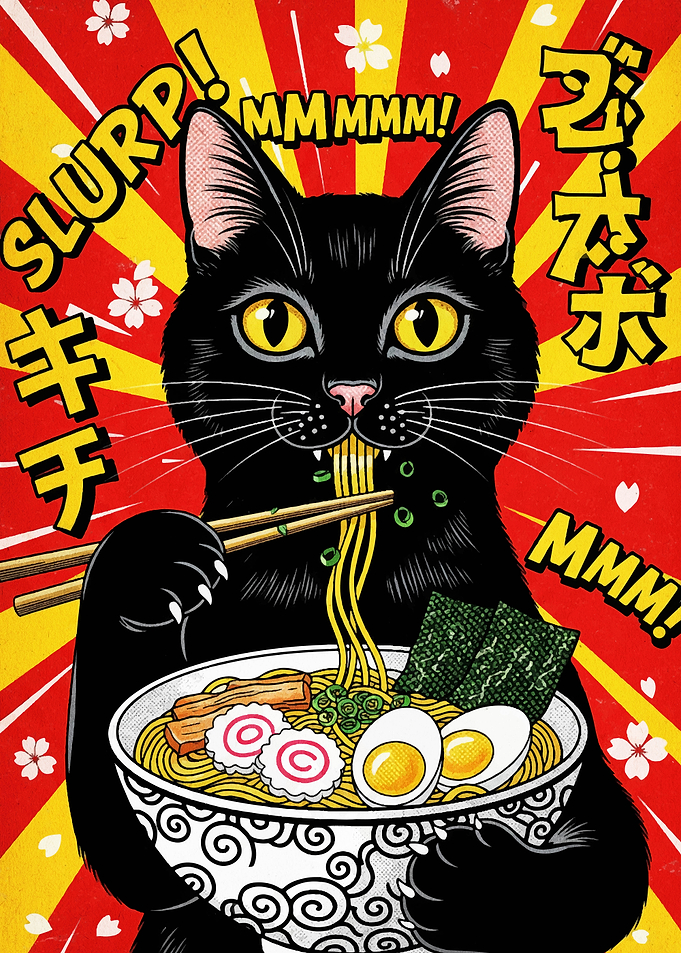 Black Cat Eating Ramen Illustration