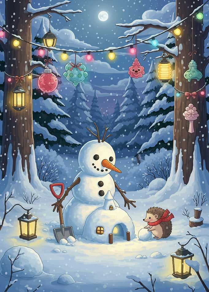 Winter Wonderland with Snowman and Hedgehog