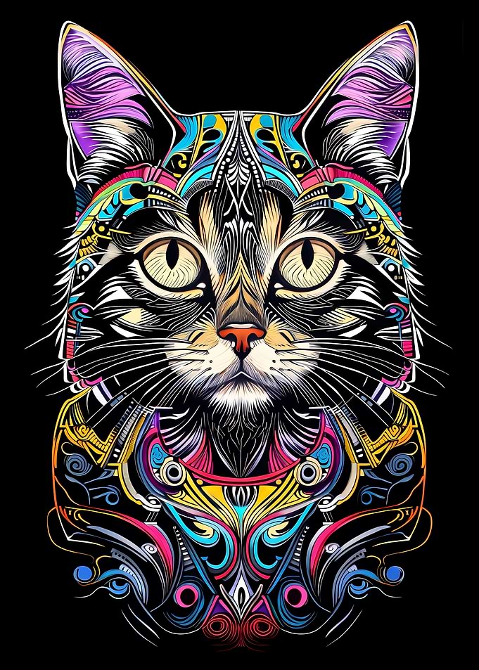 Colorful Cat Portrait on Black Background