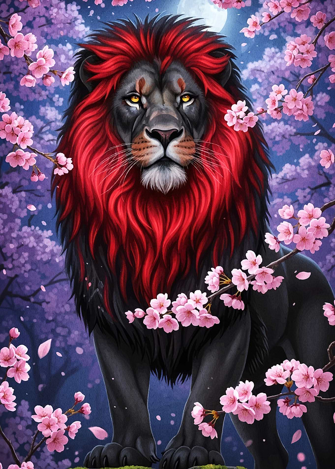 Lion Red Mane Cherry Blossoms
