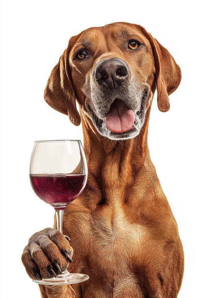 Redbone Coonhound dog with Wine Glass
