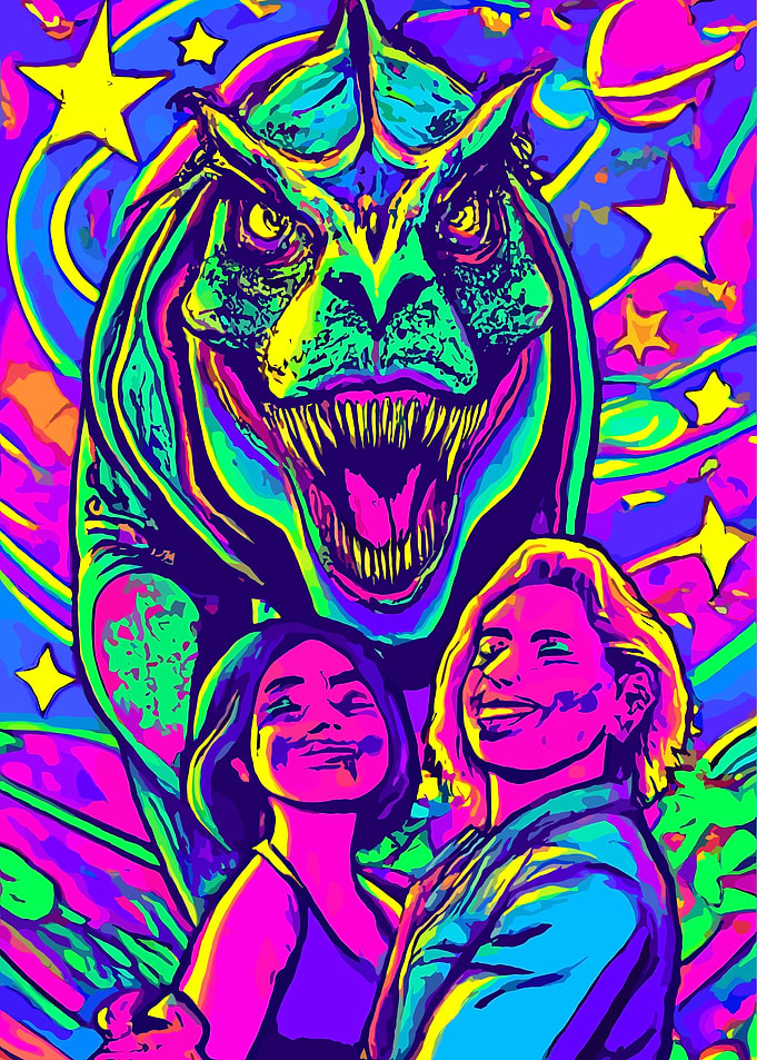 Psychedelic Dinosaur with Two People