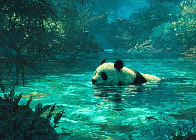 Panda Swimming in Turquoise Water