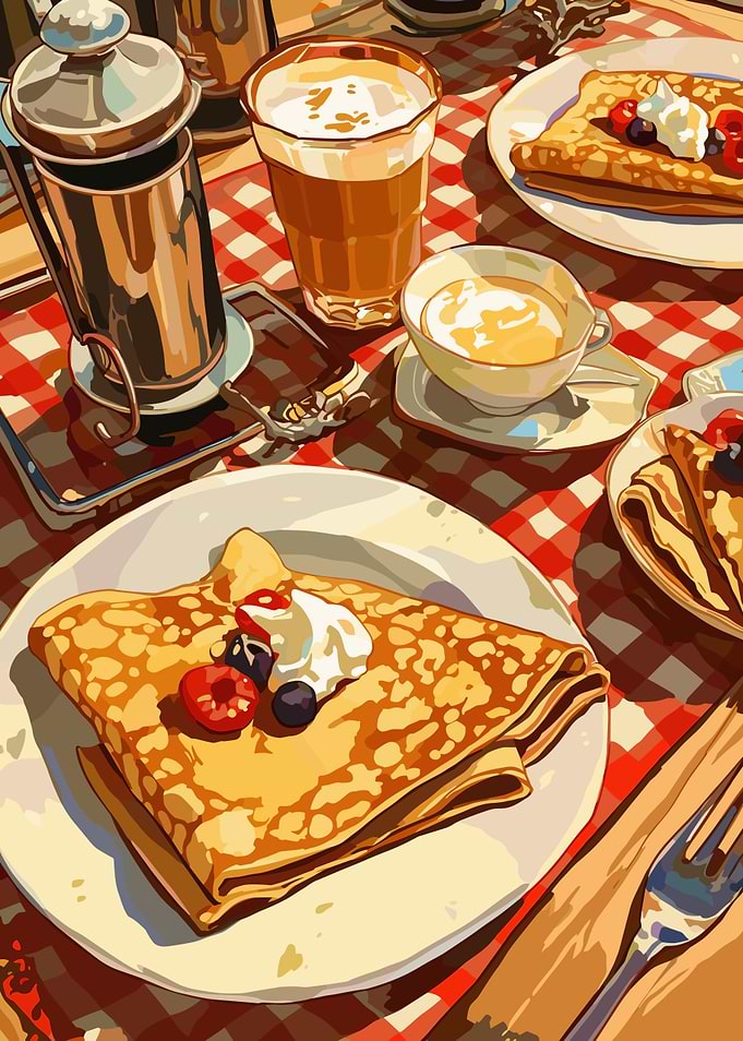 Breakfast Still Life with Crepes and Coffee