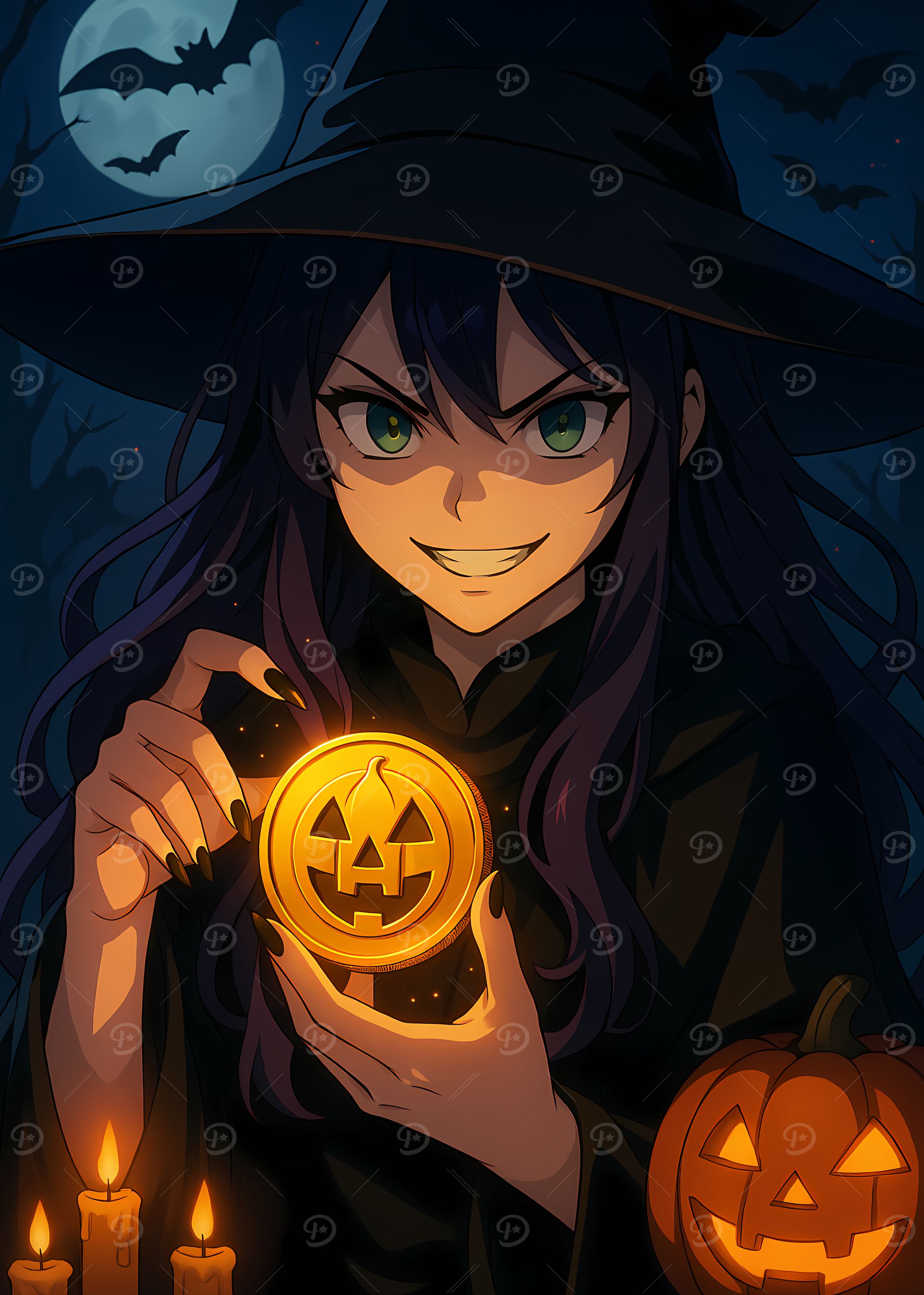 Anime Witch with Halloween Pumpkin Coin