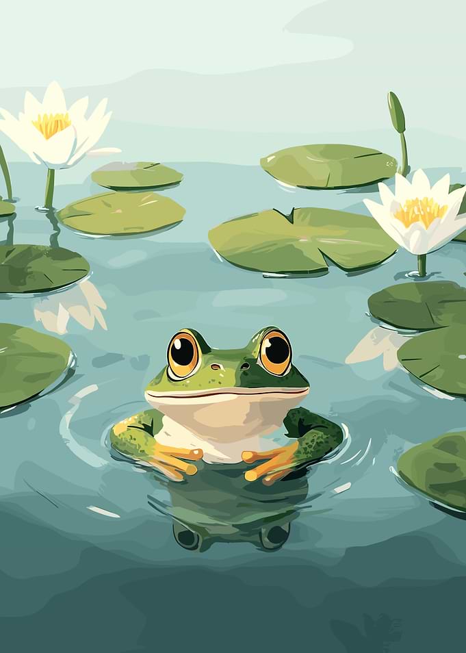 Frog in a pond with lilies