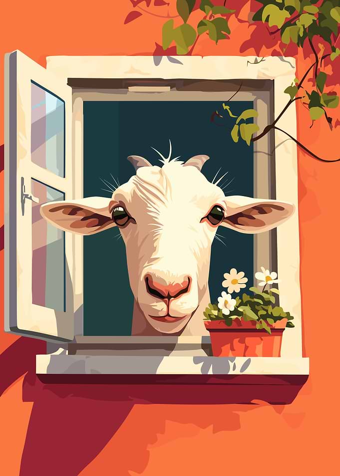 Goat in Window with Flowers