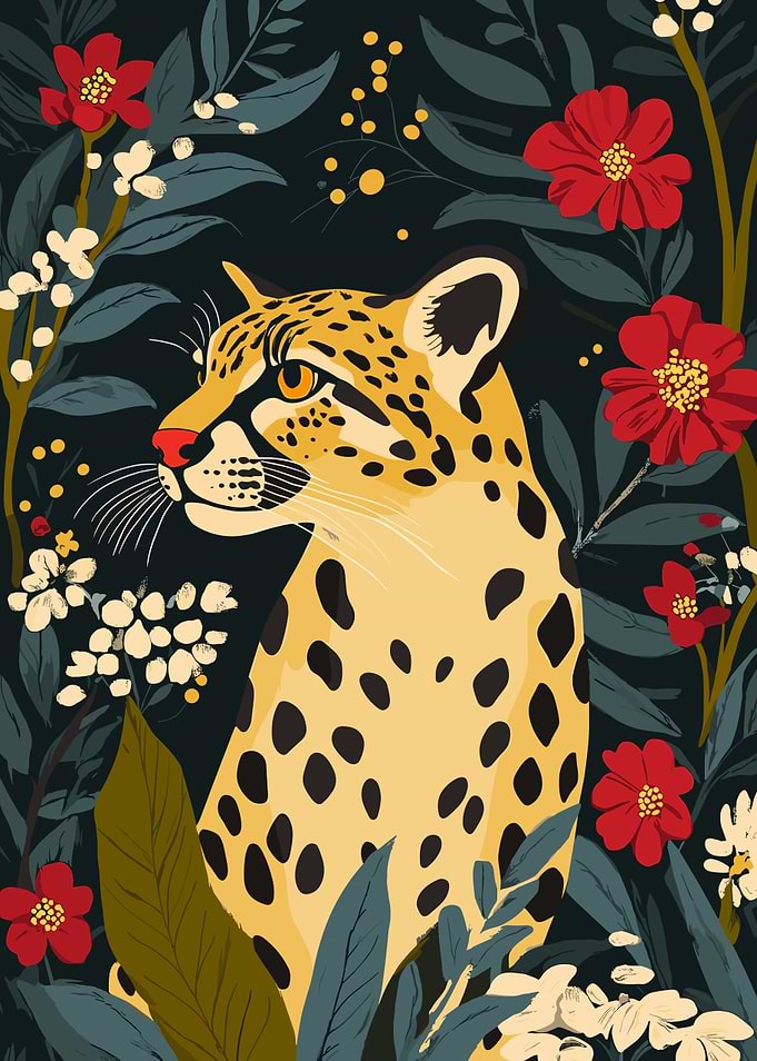 Leopard in Floral Jungle Illustration
