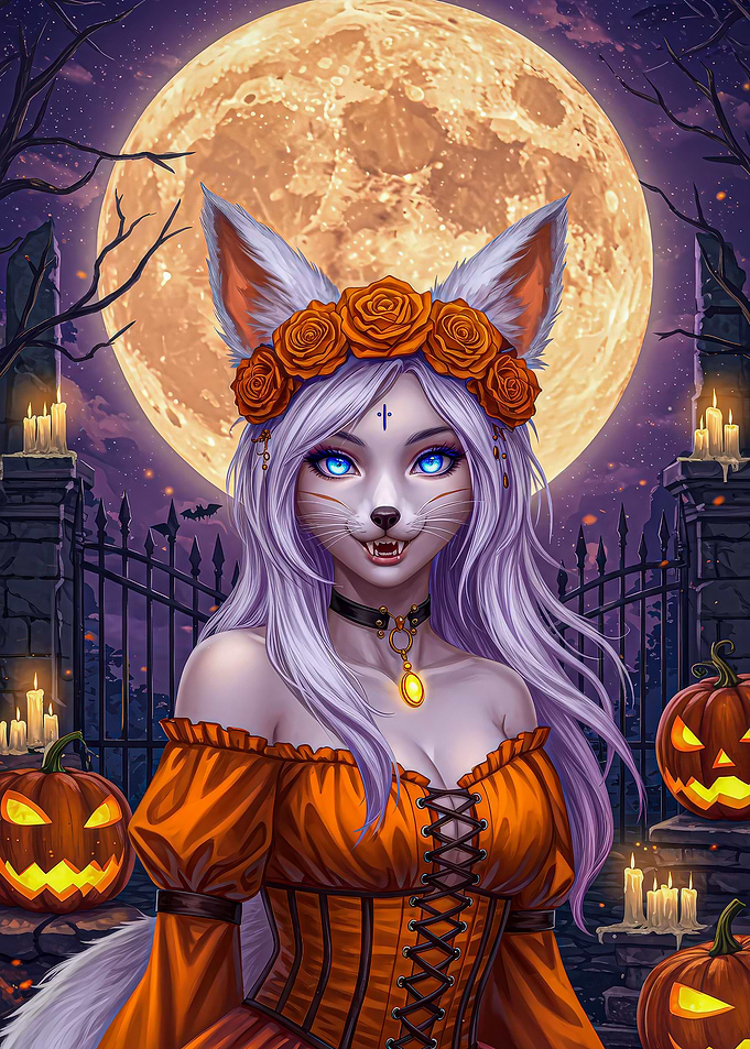 Halloween Fox Girl with Moon