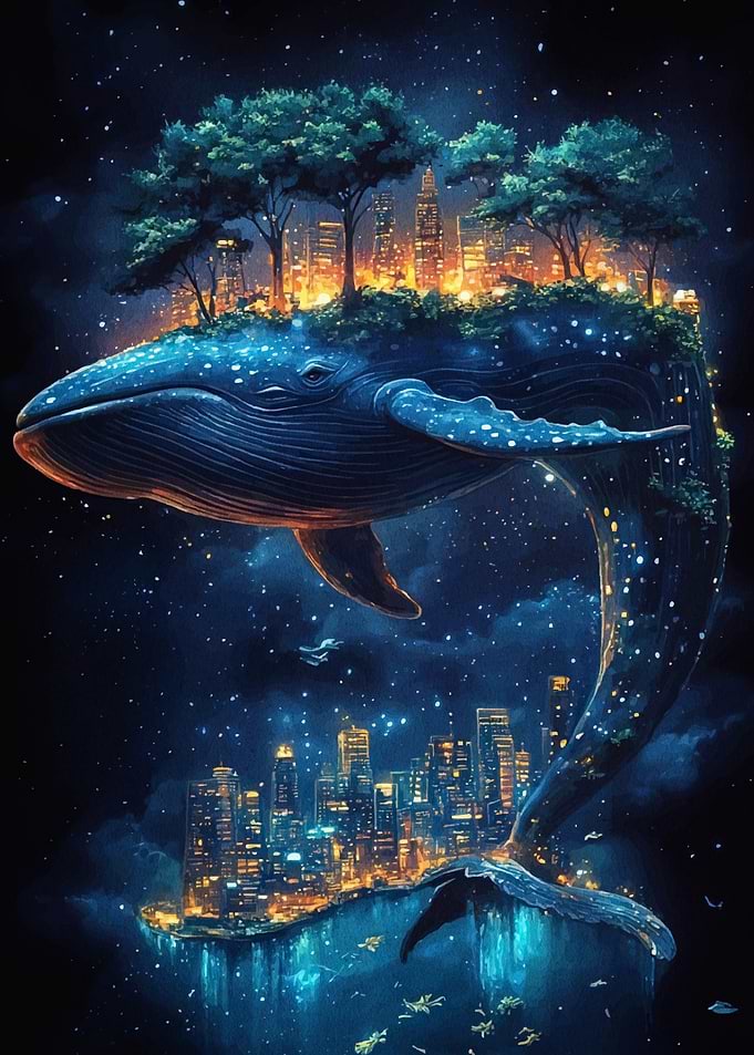 Whale Cityscape Starry Night