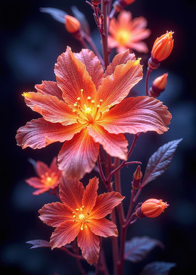 Glowing Orange Flowers on Dark Background