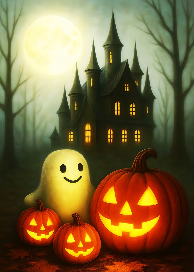 Halloween Night with Ghost and Pumpkins