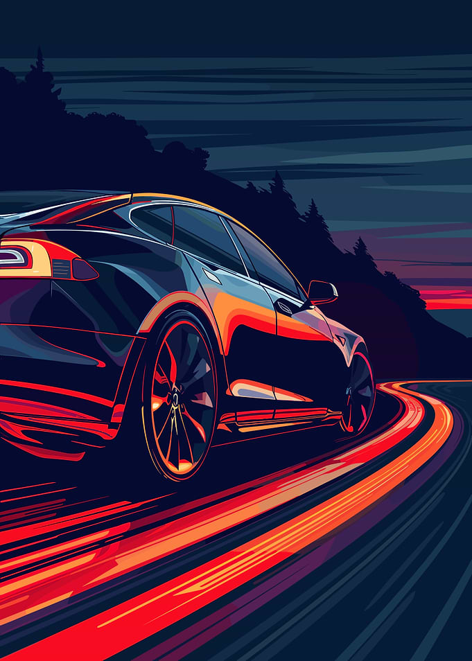 Tesla on a winding road at night