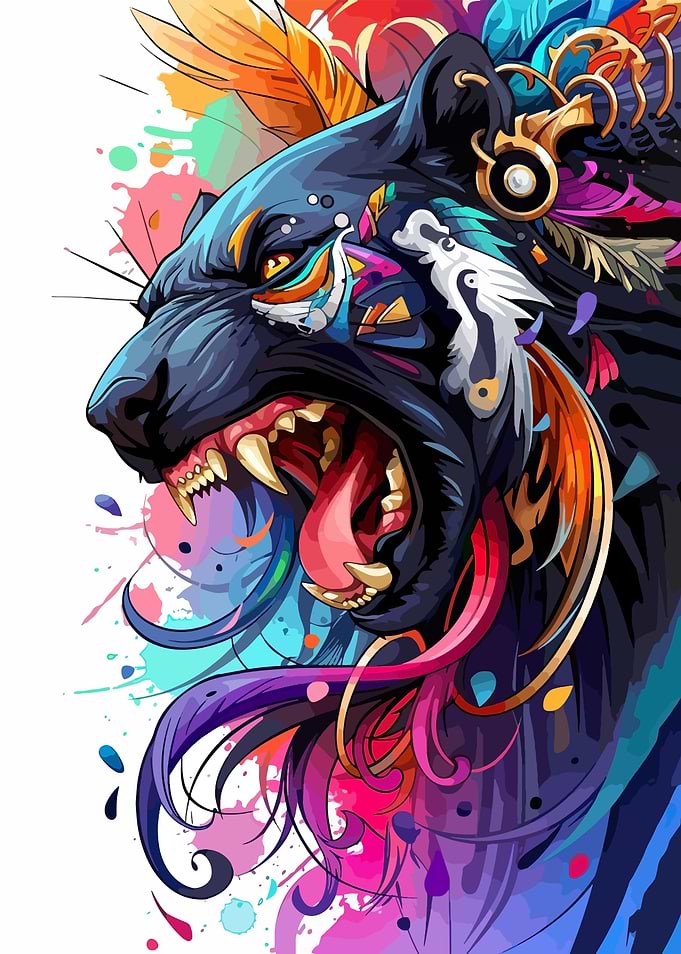 Colorful Roaring Panther Digital Art