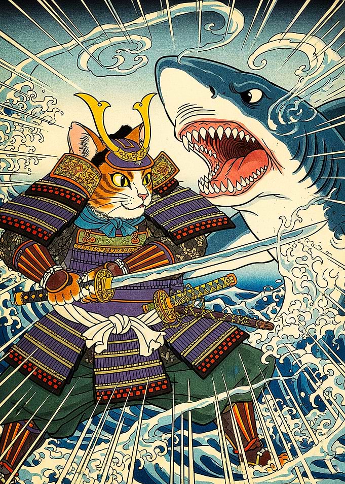 Samurai Cat Shark Ukiyo-e Style