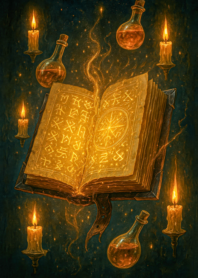 Mystical Book with Potions and Candles