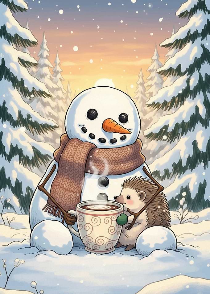 Snowman and Hedgehog Winter Cocoa Scene