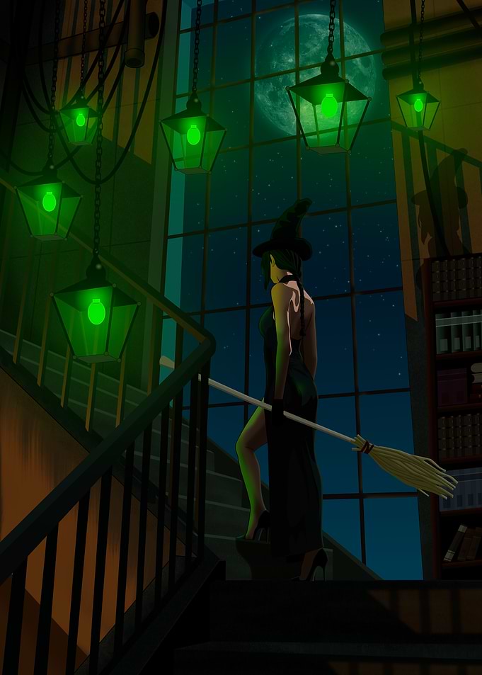 Witch on Stairs with Broom