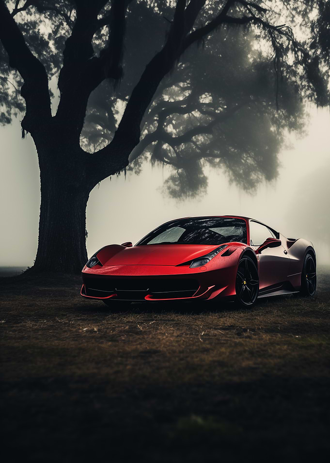 Ferrari under a Foggy Tree