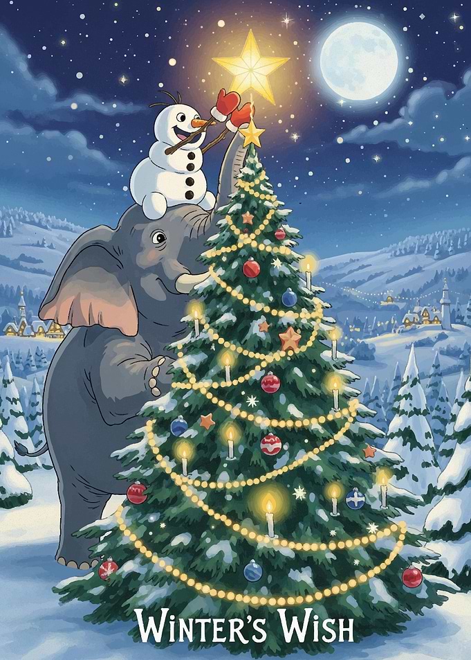 Elephant, Snowman, and Christmas Tree