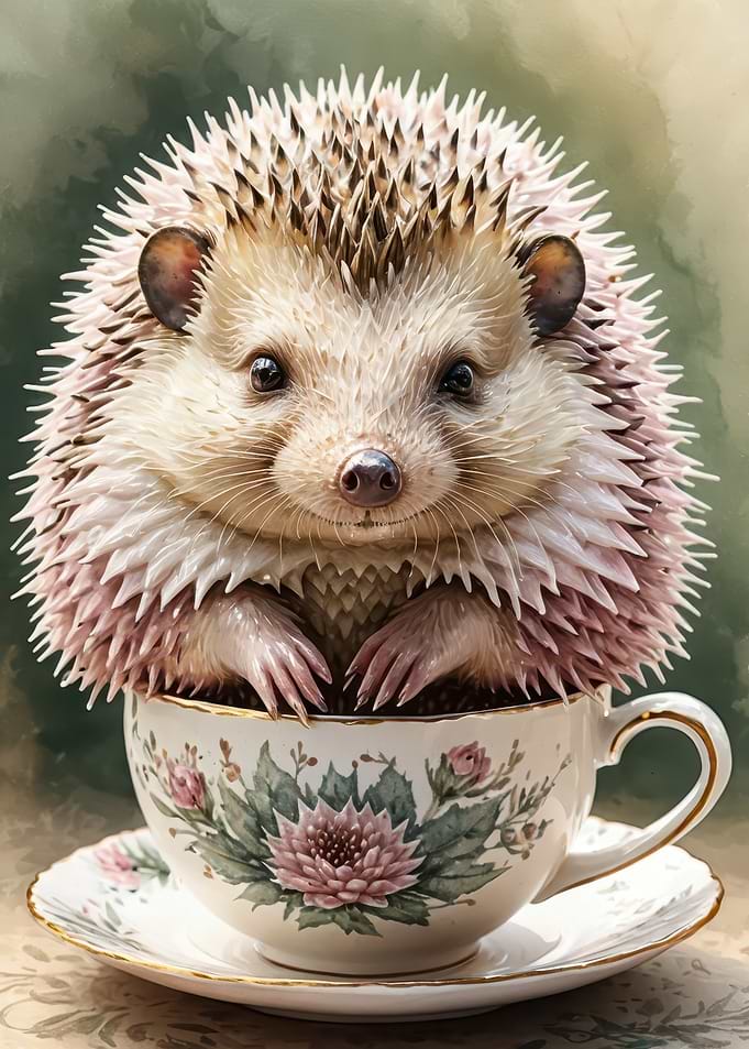 Adorable Hedgehog in Floral Teacup — Cute Pastel Animal Illustration