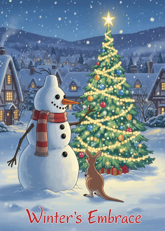 Winter's Embrace: Snowman, Kangaroo, Christmas Tree
