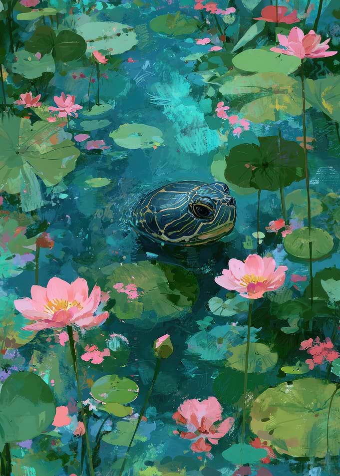 Turtle in a Lily Pond Painting