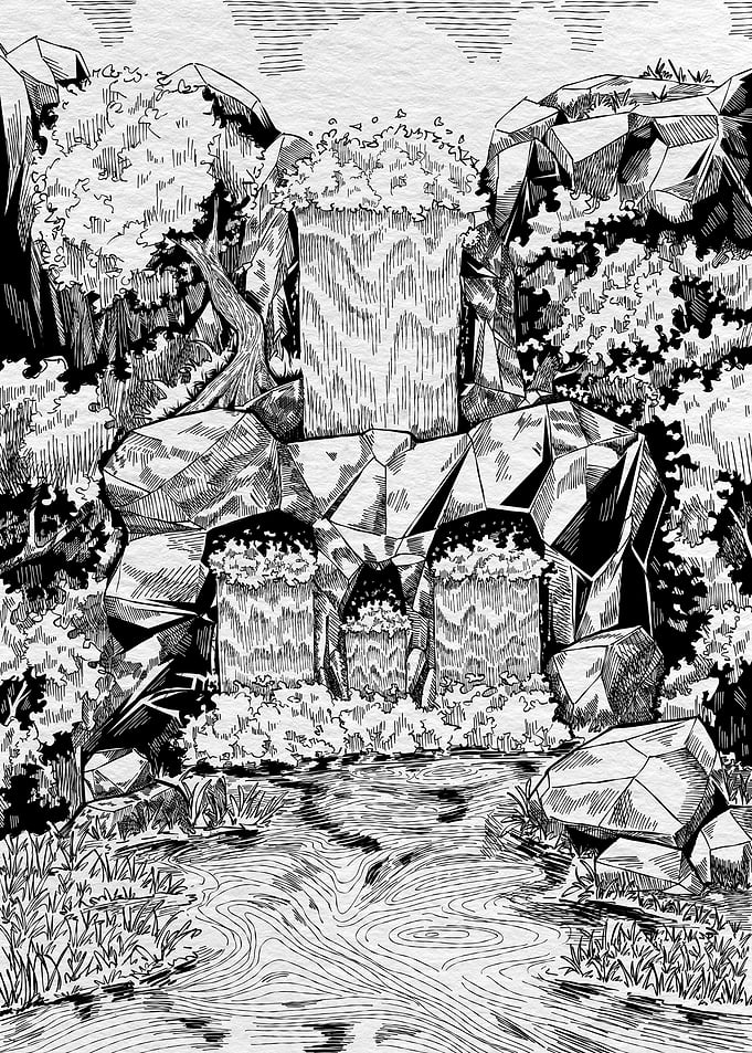 Monochrome Waterfall Landscape Illustration