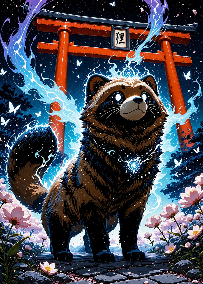 Tanuki Japan Mythology With Torii Gate Cherry Blossom Sakura