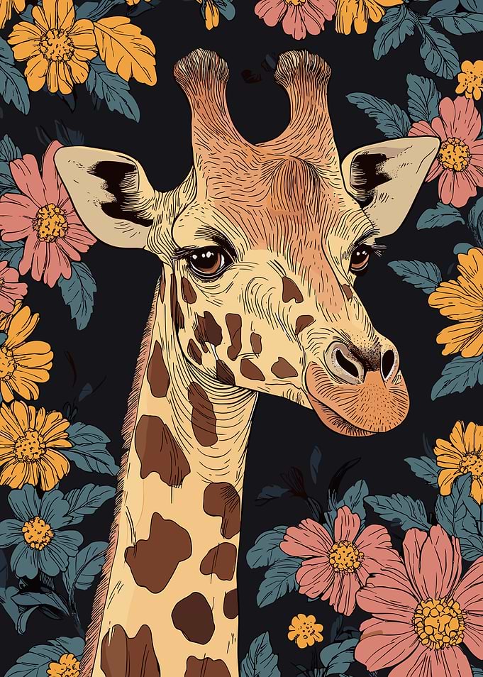 Giraffe Portrait with Floral Background