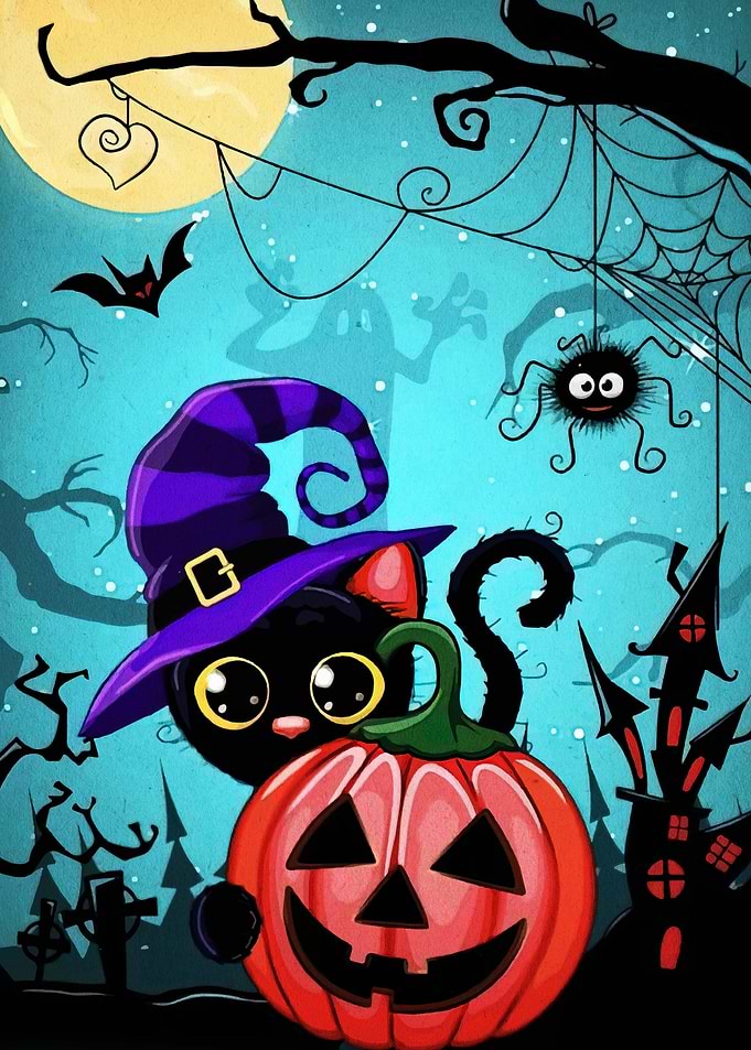 Halloween Cat with Pumpkin and Witch Hat