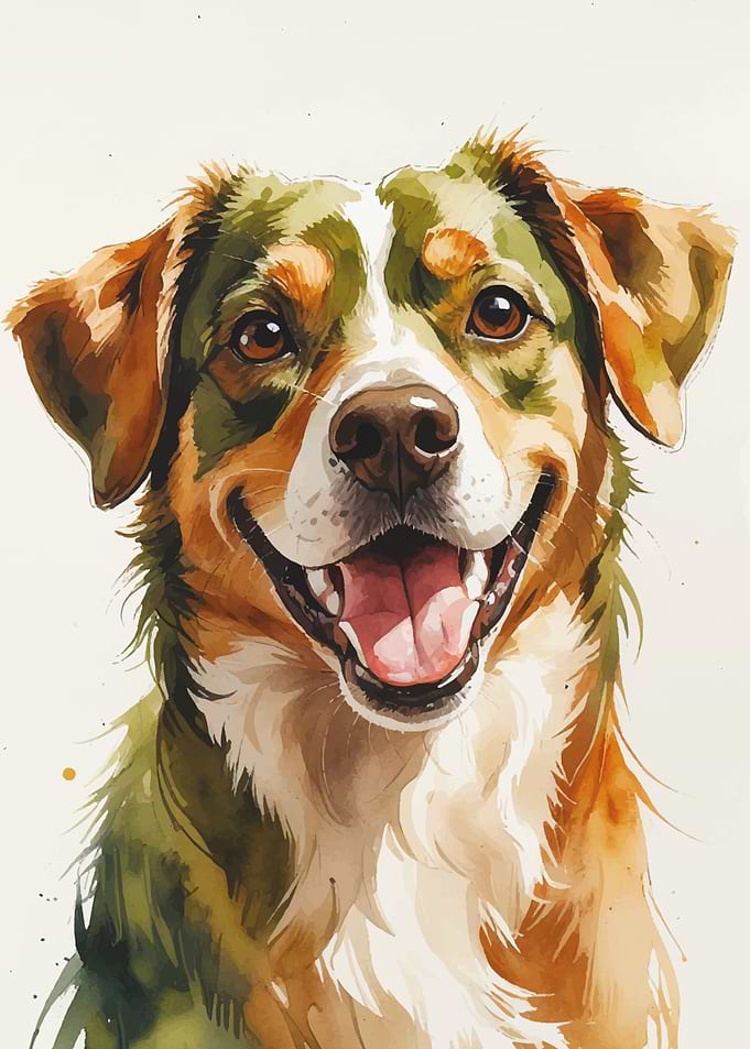 Watercolor Portrait of a Smiling Dog